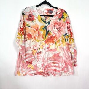 Women’s Floral V Neck 3/4 Sleeve Shirt w/ Studded Stones Design Sz XL 16-18